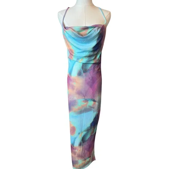 PrettyLittleThing Multicolor Maternity Abstract Print Cowl Neck Maxi Dress NWT - Picture 6 of 16